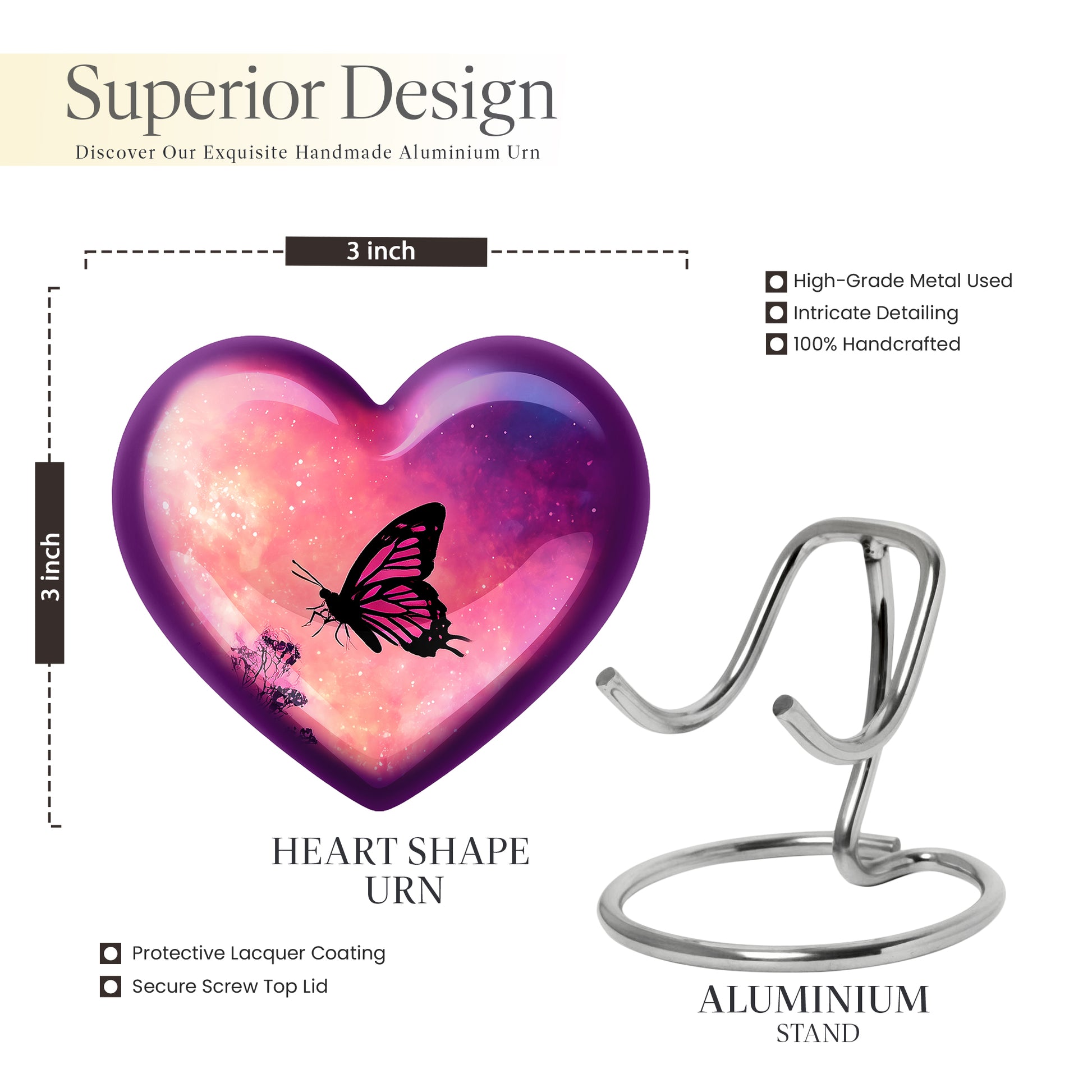Rose Pink Butterfly Cremation Urn front view showing detailed design - loving heart memorial featuring butterfly pattern - mini keepsake memorial for portion of cremation ashes