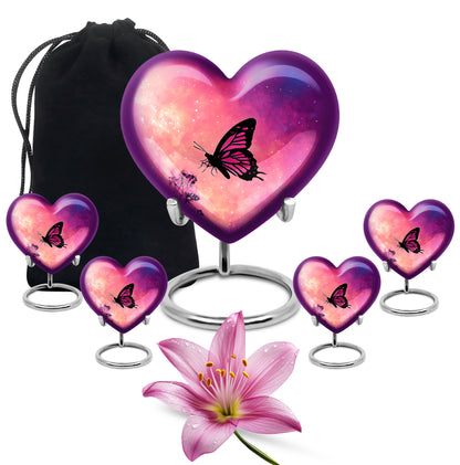 Rose Pink Butterfly Cremation Urn close-up of engraving and surface detail - loving heart memorial featuring butterfly pattern - memorial set with one large and four small urns