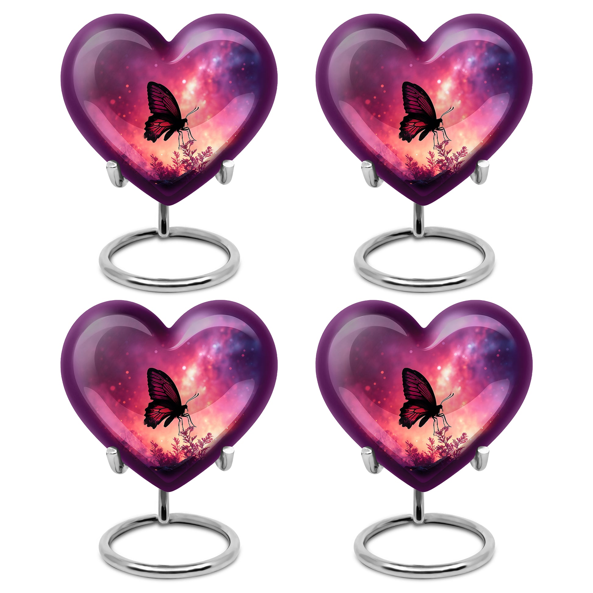 Dusty Pink Butterfly Cremation Urn angled view of lid and engraved motif - compassionate heart-butterfly combination with gentle curves - 10 inch aluminum urn for cremated remains