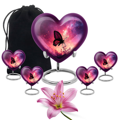 Soft Pink Butterfly Cremation Urn close-up of engraving and surface detail - compassionate heart-butterfly combination with gentle curves - memorial set with one large and four small urns