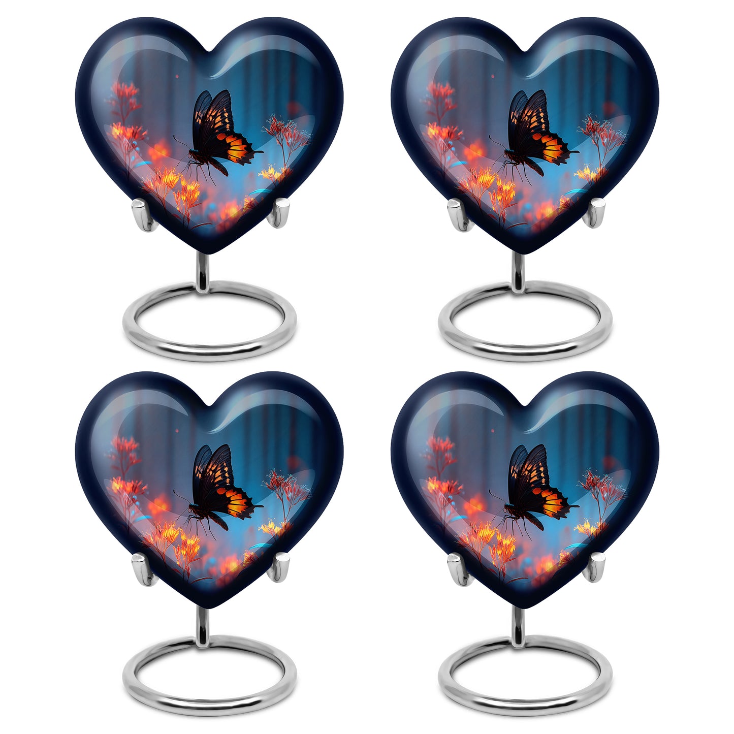 Azure Butterfly Cremation Urn angled view of lid and engraved motif - heart-shaped butterfly design symbolizing eternal love - 10 inch aluminum urn for cremated remains