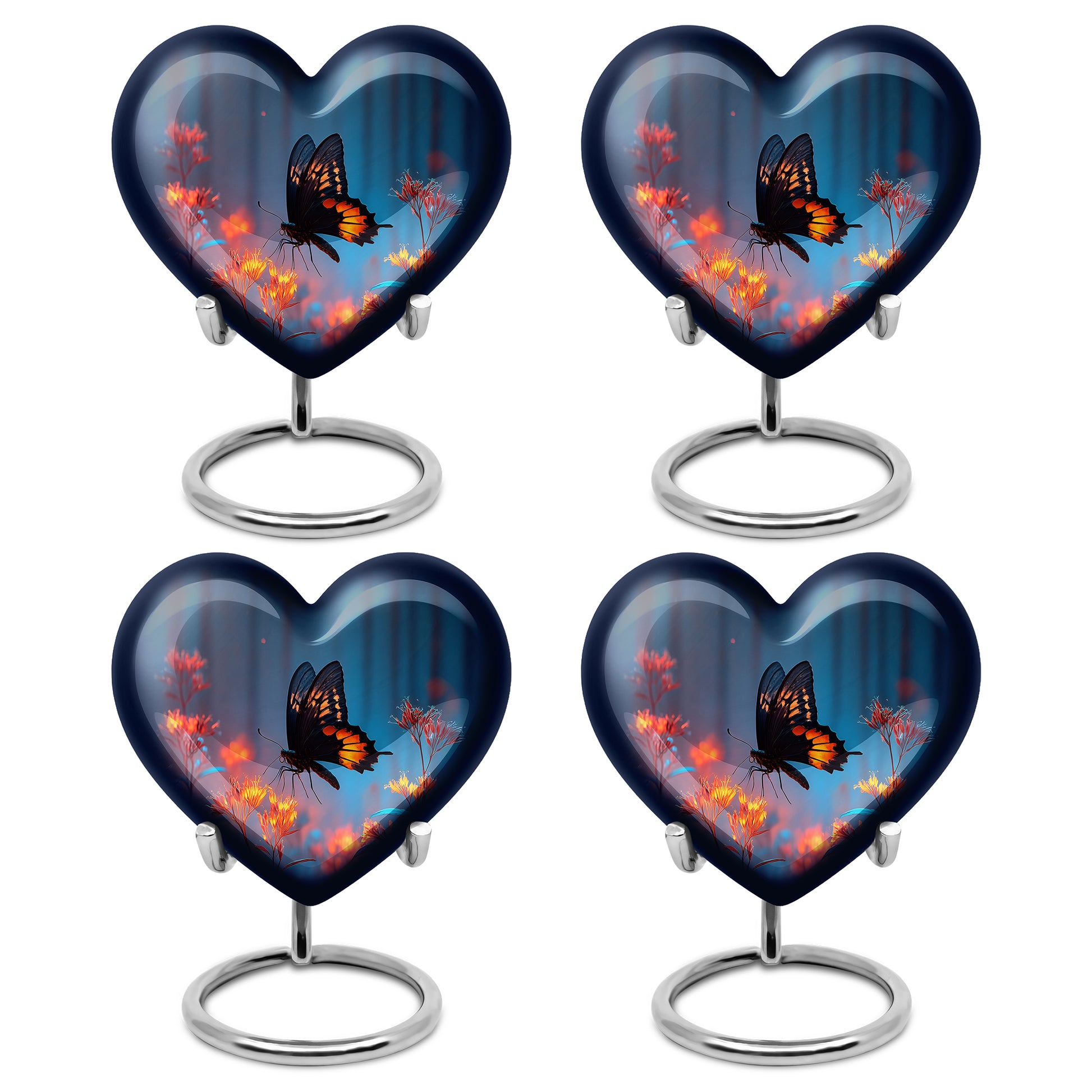 Azure Butterfly Cremation Urn angled view of lid and engraved motif - heart-shaped butterfly design symbolizing eternal love - 10 inch aluminum urn for cremated remains