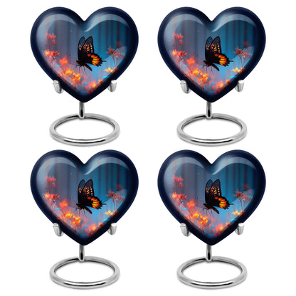 Azure Butterfly Cremation Urn angled view of lid and engraved motif - heart-shaped butterfly design symbolizing eternal love - 10 inch aluminum urn for cremated remains