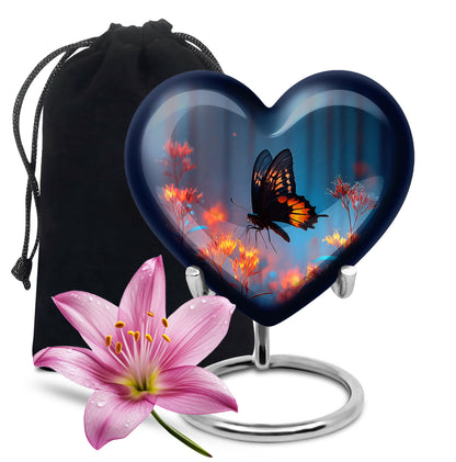 Dusty Blue Butterfly Cremation Urn detail view - loving heart memorial featuring butterfly pattern - full-size 10 inch 200 cubic inch adult cremation urn