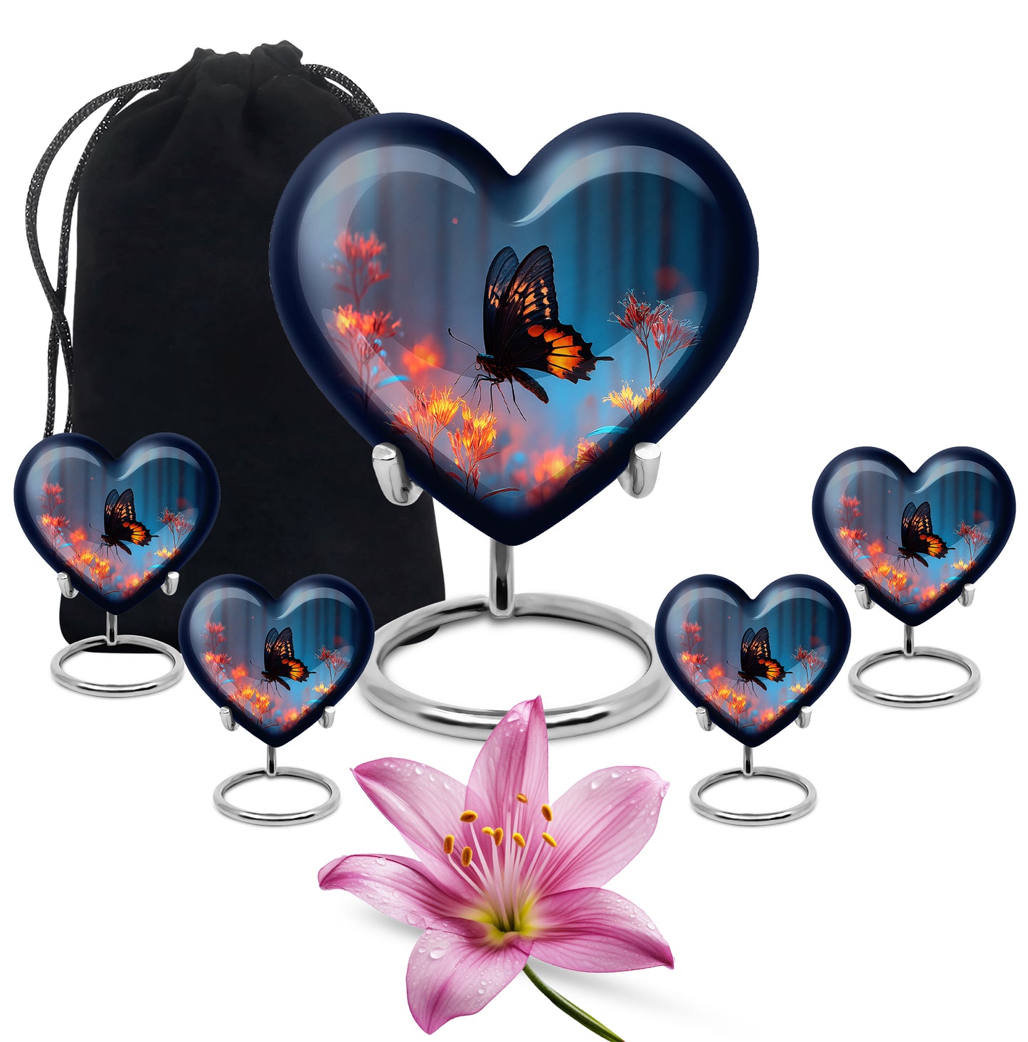 Cobalt Blue Butterfly Cremation Urn close-up of engraving and surface detail - romantic heart urn with butterfly motif on aluminum - memorial set with one large and four small urns
