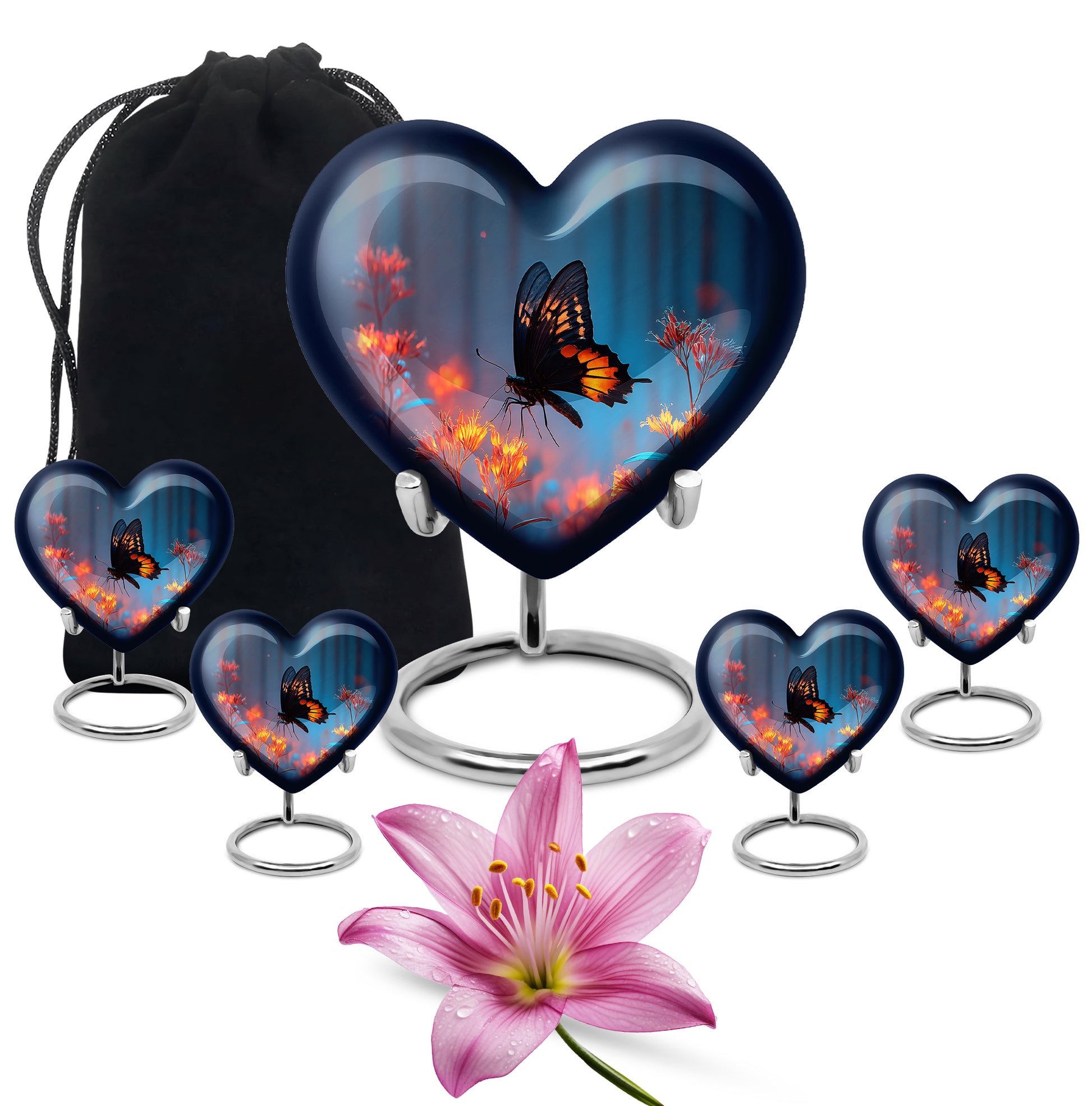 Cobalt Blue Butterfly Cremation Urn close-up of engraving and surface detail - romantic heart urn with butterfly motif on aluminum - memorial set with one large and four small urns