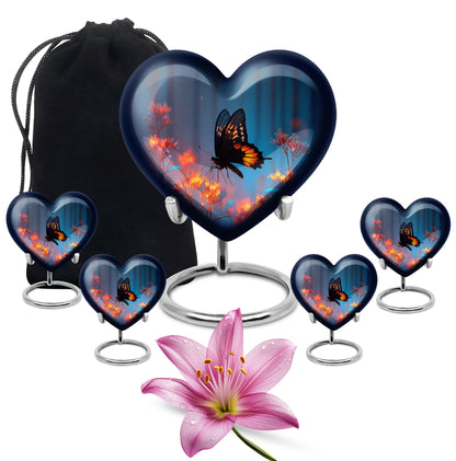 Cobalt Blue Butterfly Cremation Urn close-up of engraving and surface detail - romantic heart urn with butterfly motif on aluminum - memorial set with one large and four small urns
