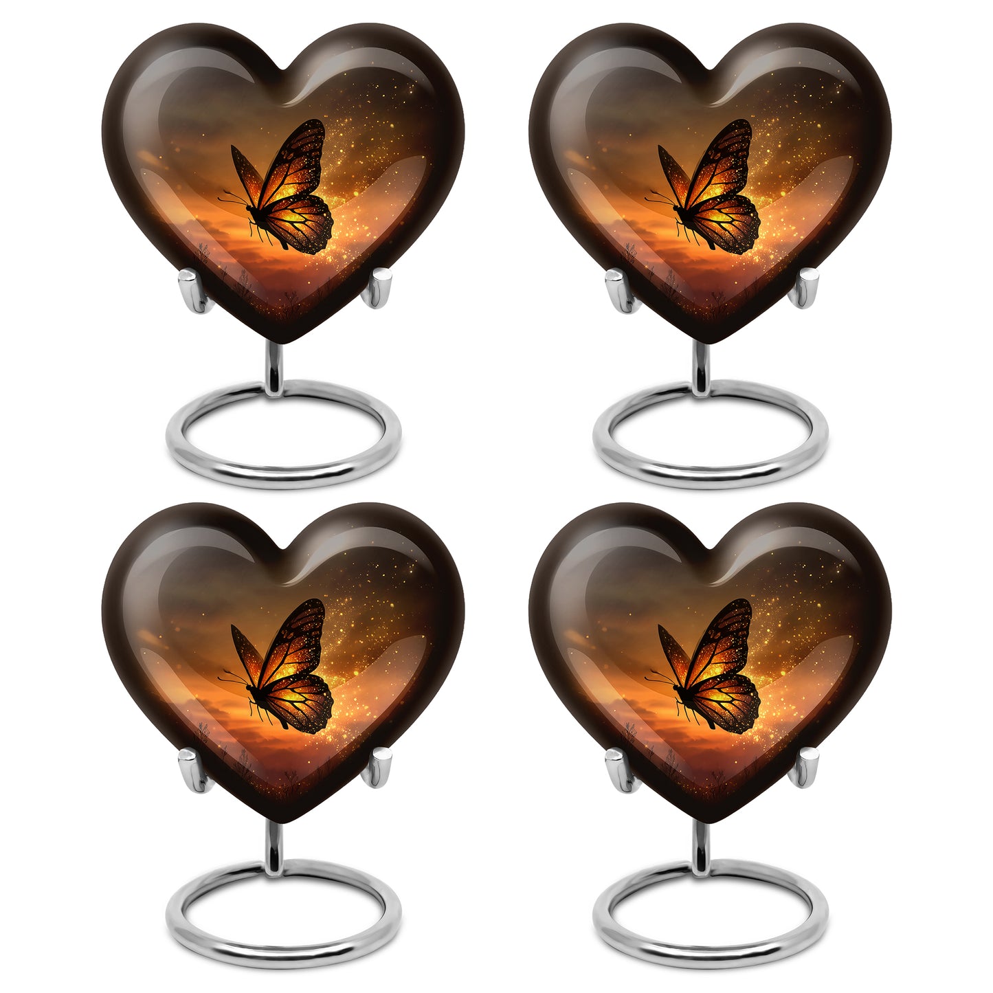 Gilded Gold Butterfly Cremation Urn angled view of lid and engraved motif - loving heart memorial featuring butterfly pattern - 10 inch aluminum urn for cremated remains
