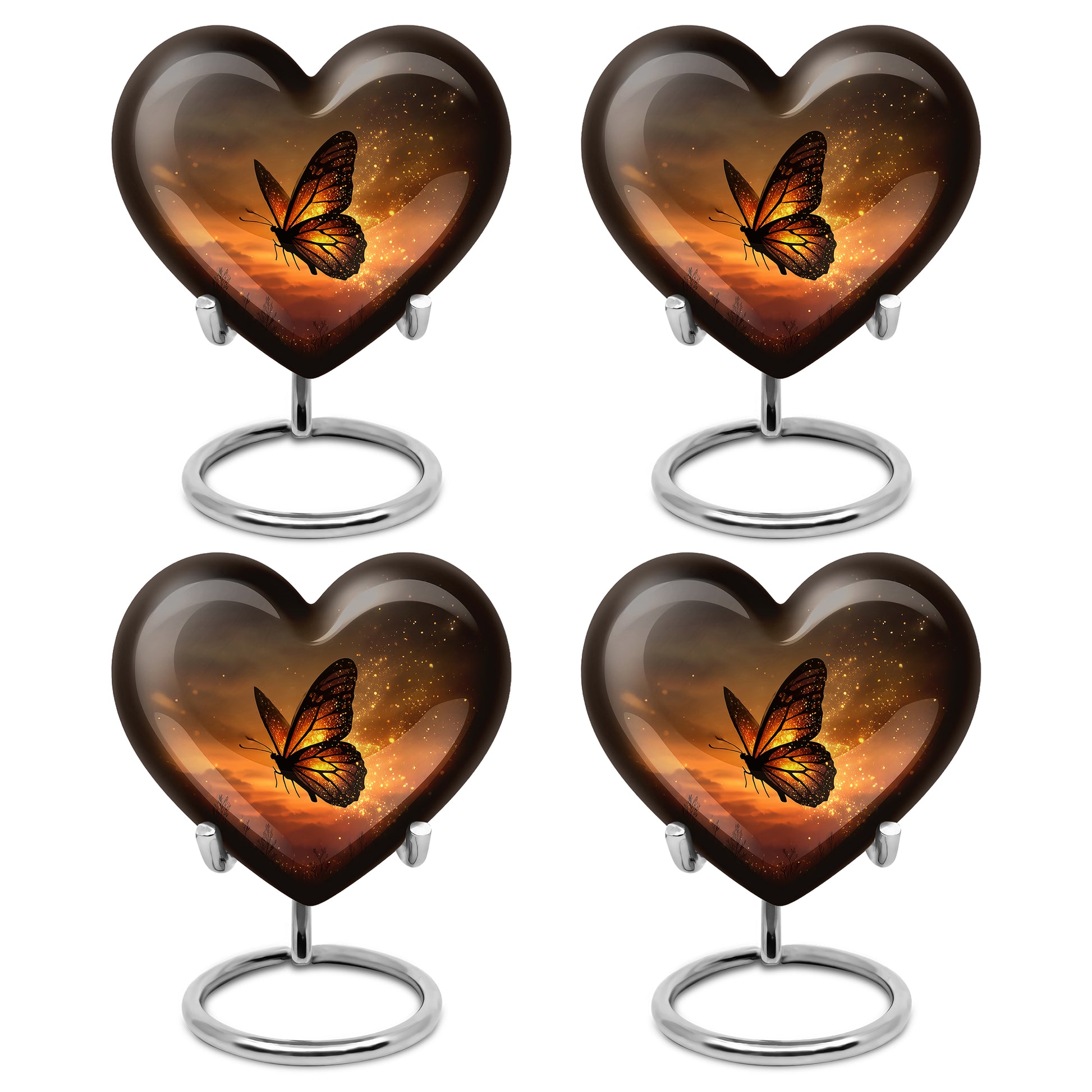 Gilded Gold Butterfly Cremation Urn angled view of lid and engraved motif - loving heart memorial featuring butterfly pattern - 10 inch aluminum urn for cremated remains