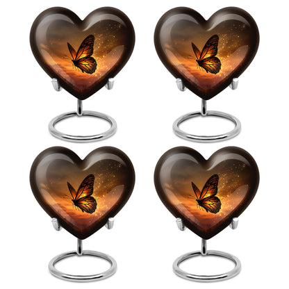 Gilded Gold Butterfly Cremation Urn angled view of lid and engraved motif - loving heart memorial featuring butterfly pattern - 10 inch aluminum urn for cremated remains