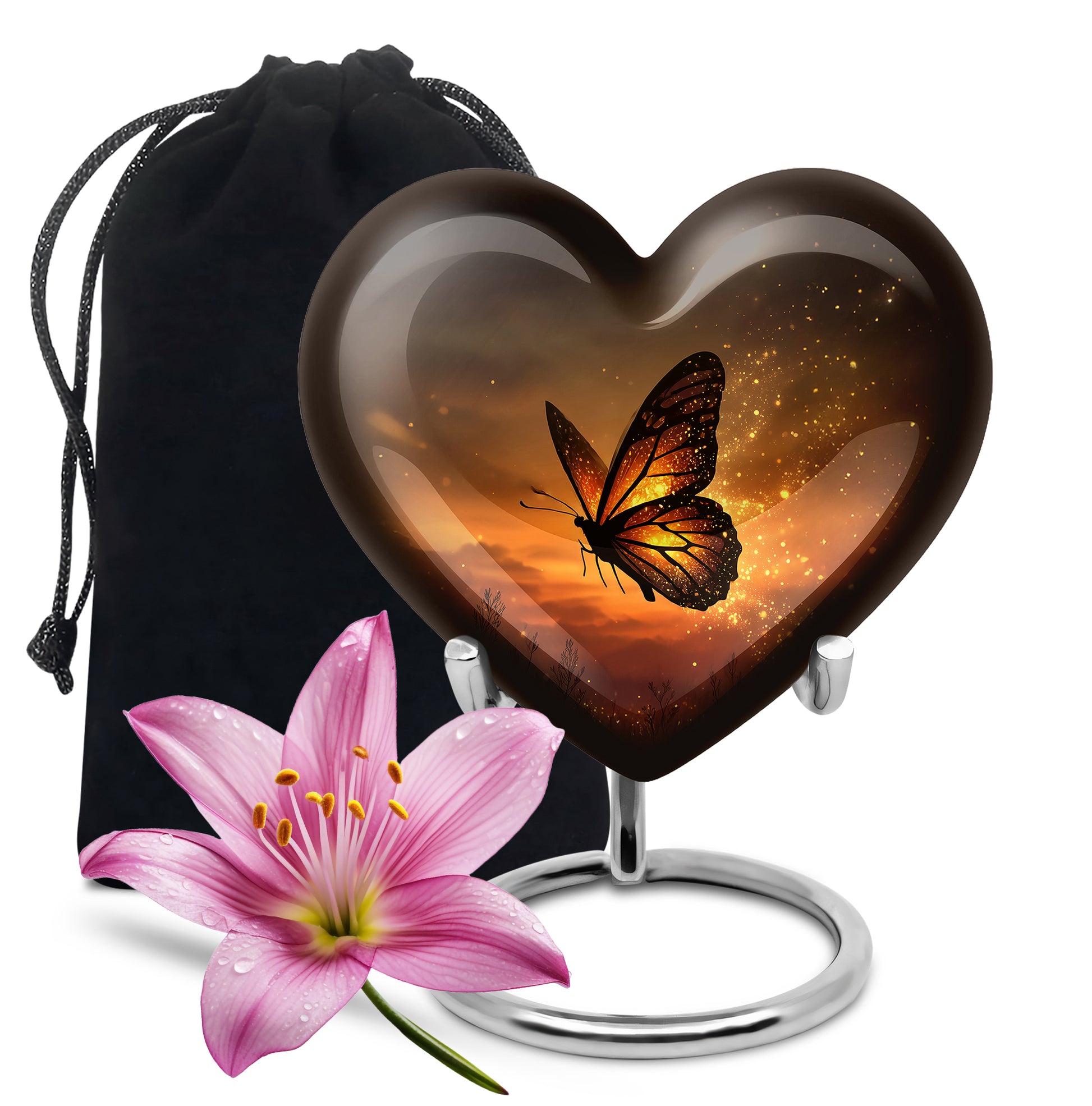 Harvest Gold Butterfly Cremation Urn detail view - compassionate heart-butterfly combination with gentle curves - full-size 10 inch 200 cubic inch adult cremation urn