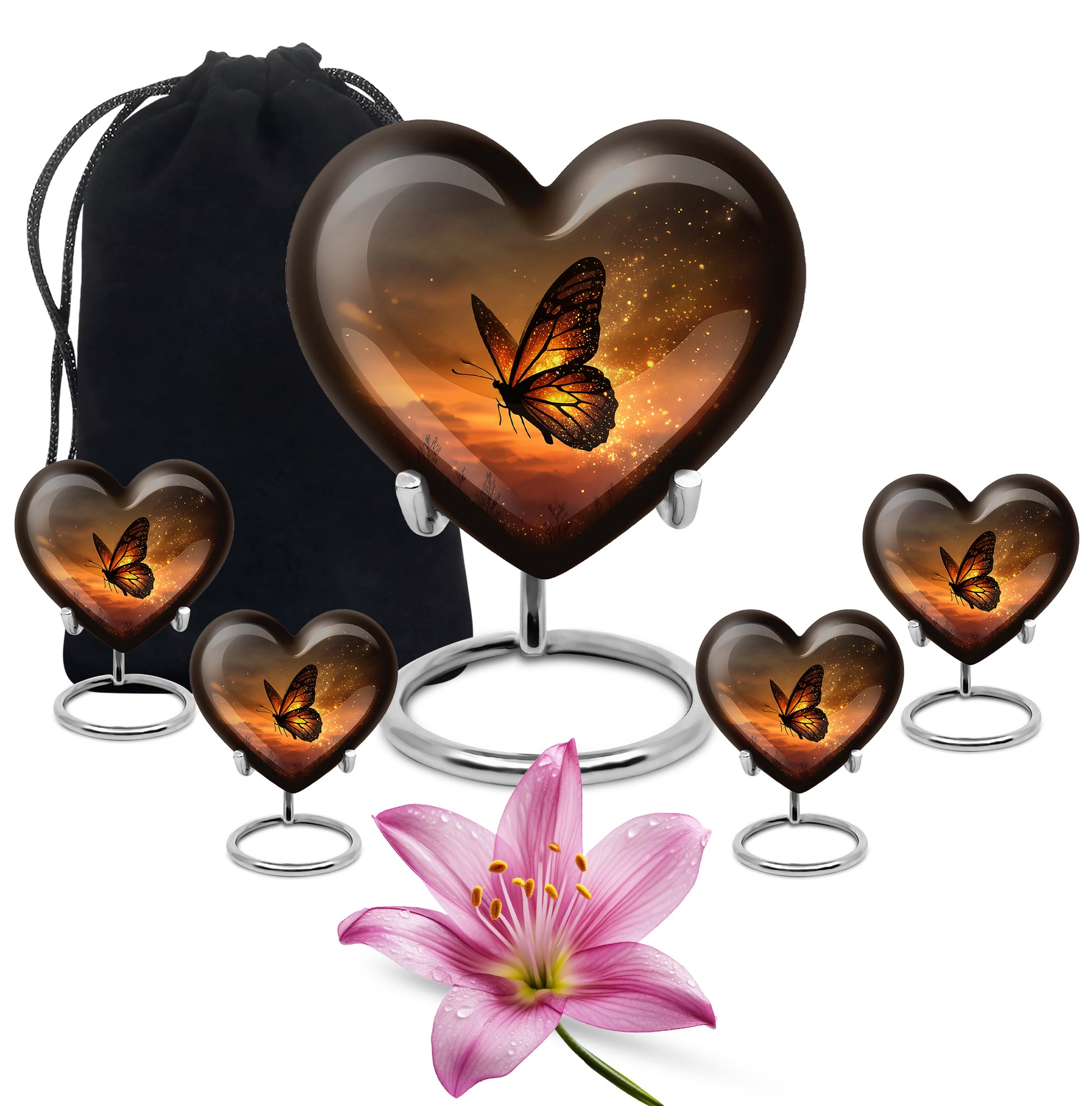 Harvest Gold Butterfly Cremation Urn close-up of engraving and surface detail - compassionate heart-butterfly combination with gentle curves - memorial set with one large and four small urns