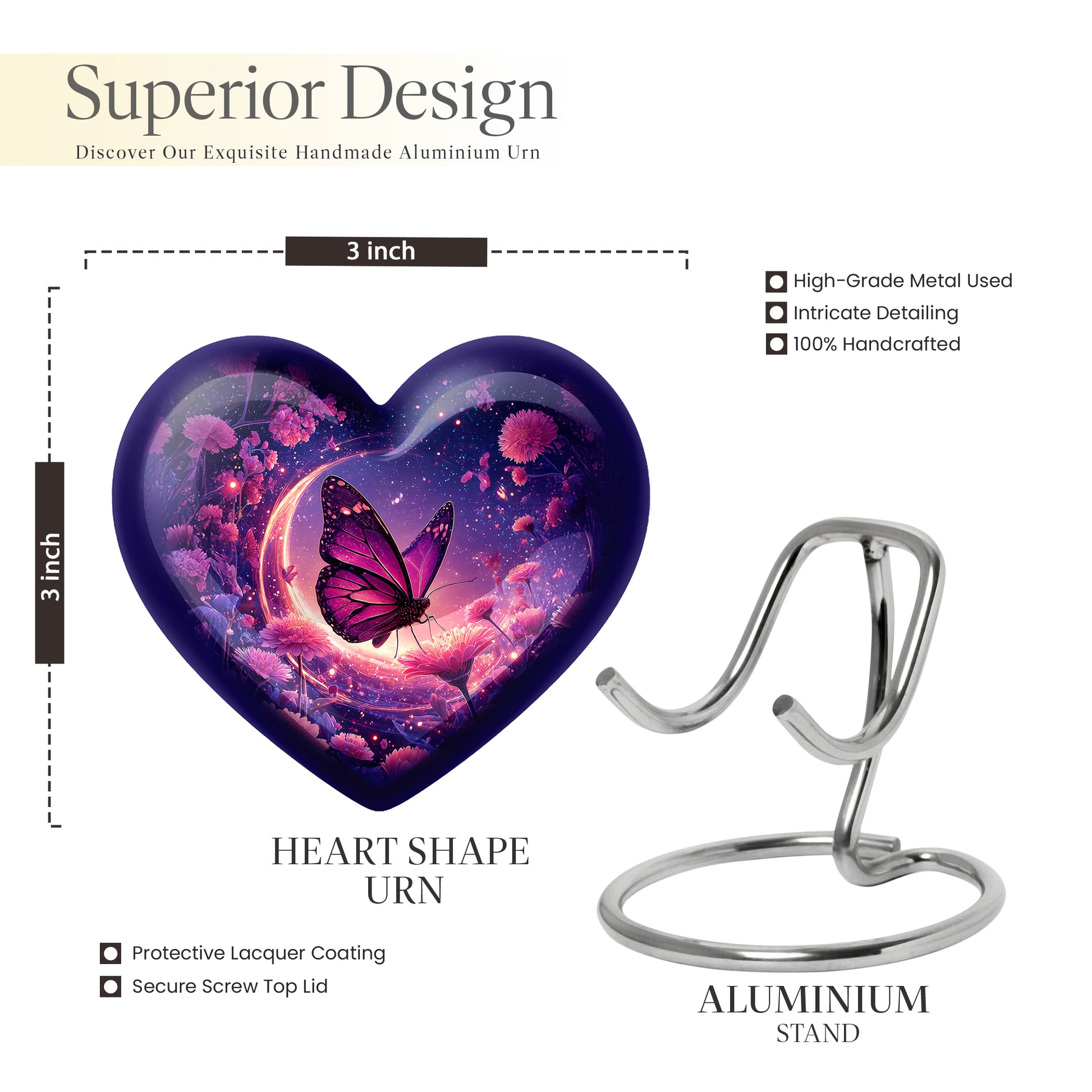 Azure Butterfly Cremation Urn front view showing detailed design - heart-shaped butterfly design symbolizing eternal love - mini keepsake memorial for portion of cremation ashes