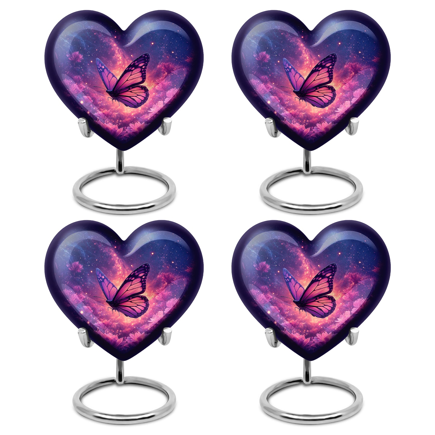 Slate Blue Butterfly Cremation Urn angled view of lid and engraved motif - heart-shaped butterfly design symbolizing eternal love - 10 inch aluminum urn for cremated remains
