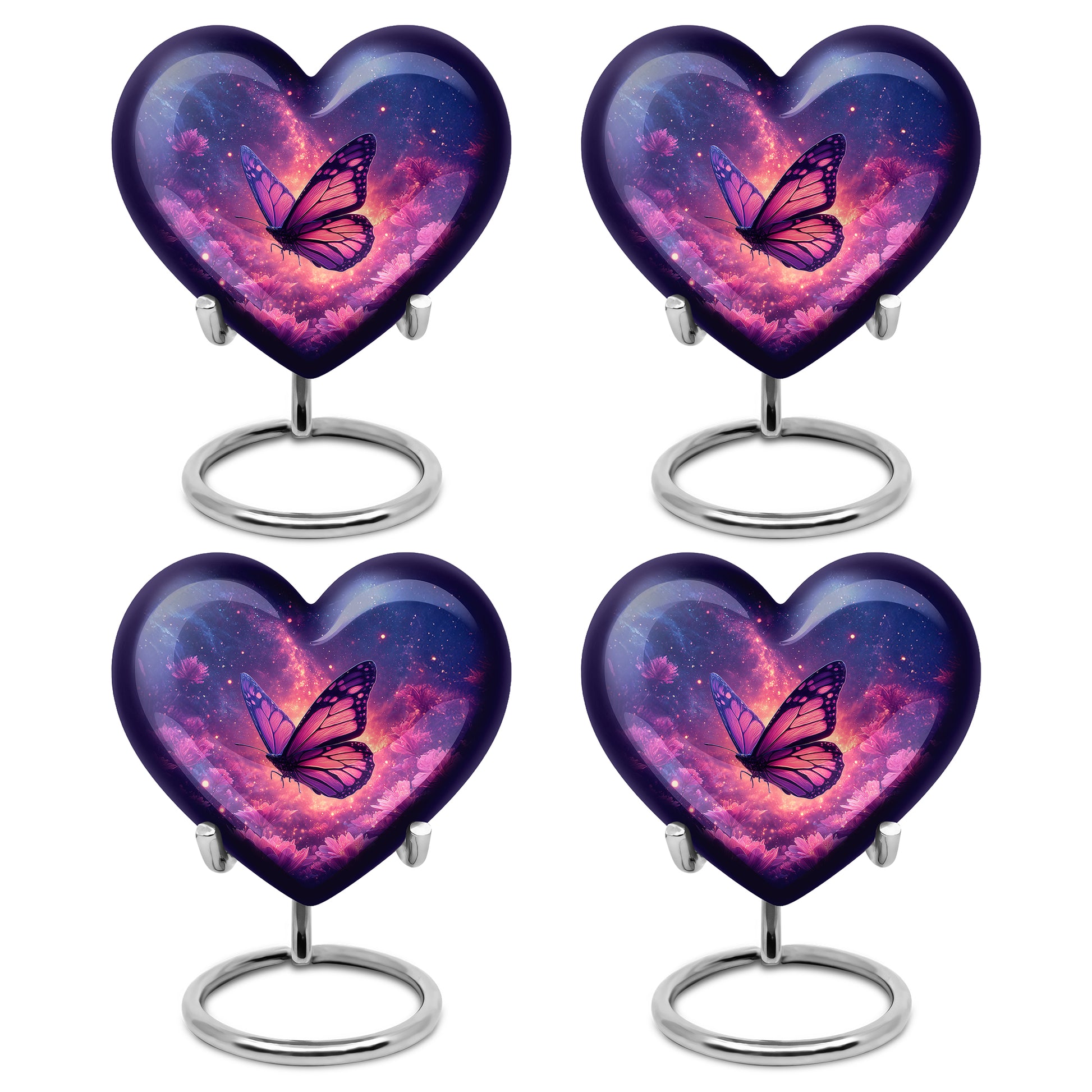 Slate Blue Butterfly Cremation Urn angled view of lid and engraved motif - heart-shaped butterfly design symbolizing eternal love - 10 inch aluminum urn for cremated remains