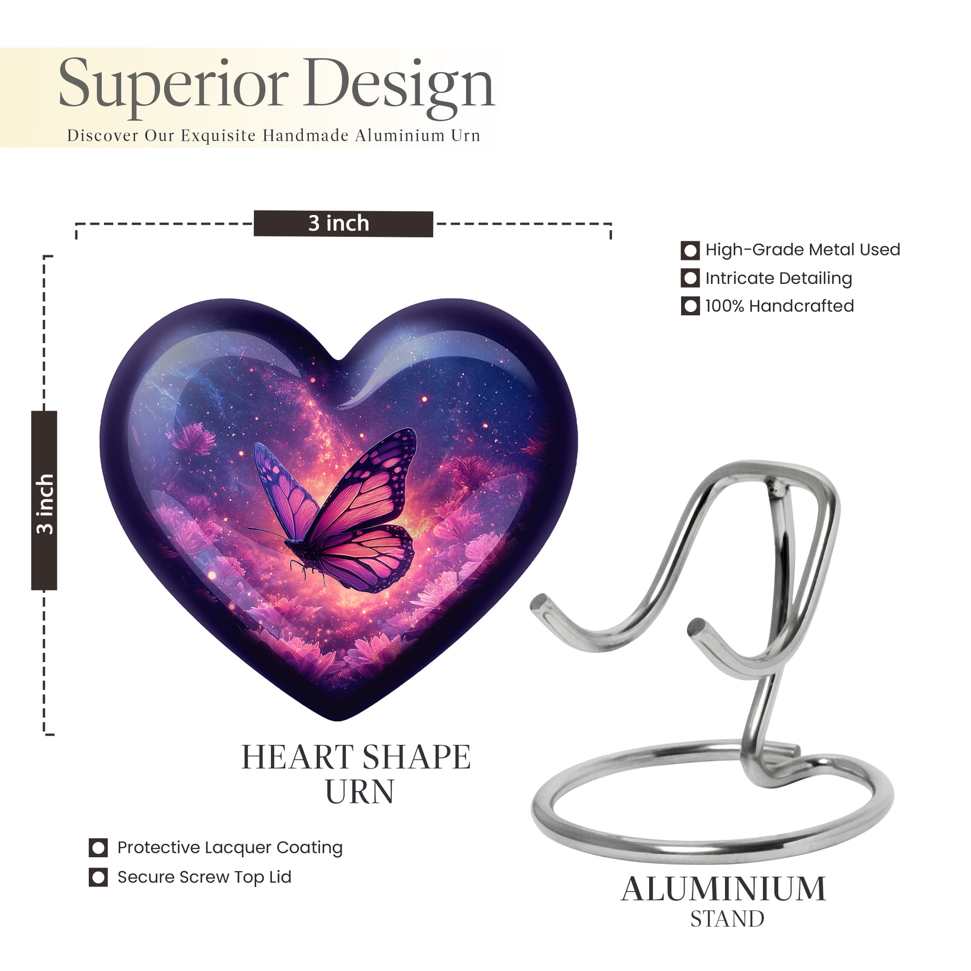 Azure Butterfly Cremation Urn front view showing detailed design - heart-shaped butterfly design symbolizing eternal love - mini keepsake memorial for portion of cremation ashes