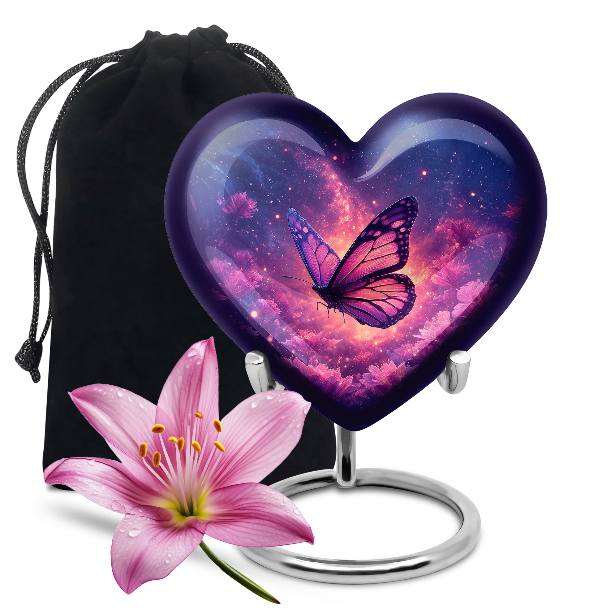 Bright Blue Butterfly Cremation Urn detail view - compassionate heart-butterfly combination with gentle curves - full-size 10 inch 200 cubic inch adult cremation urn