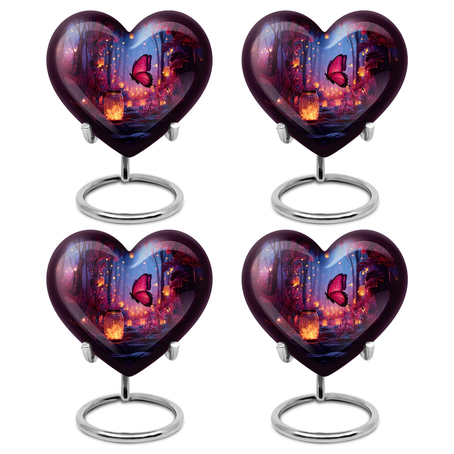 Serene Blue Butterfly Cremation Urn angled view of lid and engraved motif - romantic heart urn with butterfly motif on aluminum - 10 inch aluminum urn for cremated remains