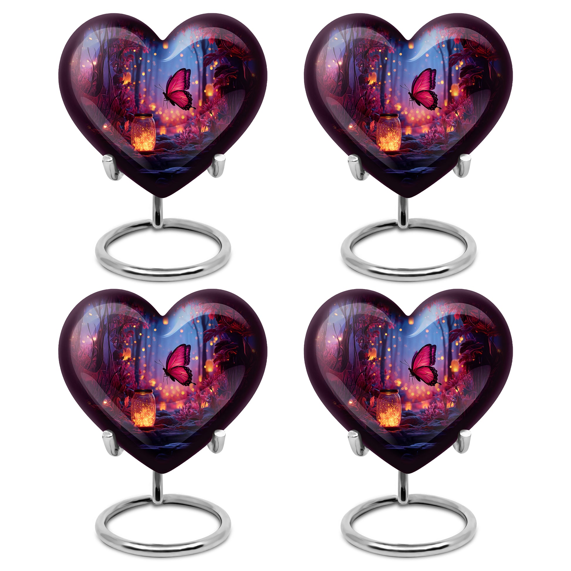 Serene Blue Butterfly Cremation Urn angled view of lid and engraved motif - romantic heart urn with butterfly motif on aluminum - 10 inch aluminum urn for cremated remains