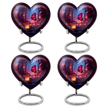 Serene Blue Butterfly Cremation Urn angled view of lid and engraved motif - romantic heart urn with butterfly motif on aluminum - 10 inch aluminum urn for cremated remains