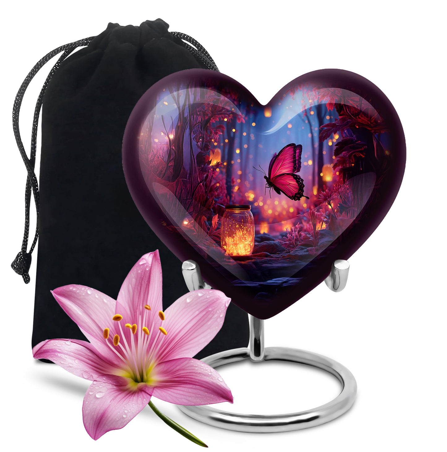 Celestial Blue Butterfly Cremation Urn detail view - loving heart memorial featuring butterfly pattern - full-size 10 inch 200 cubic inch adult cremation urn