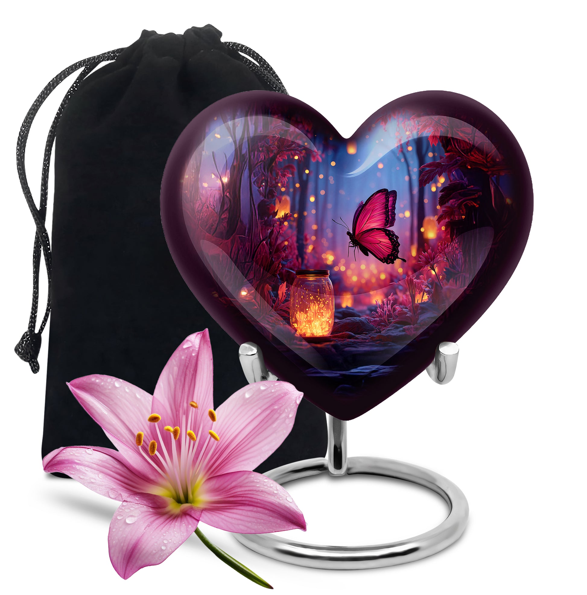 Celestial Blue Butterfly Cremation Urn detail view - loving heart memorial featuring butterfly pattern - full-size 10 inch 200 cubic inch adult cremation urn