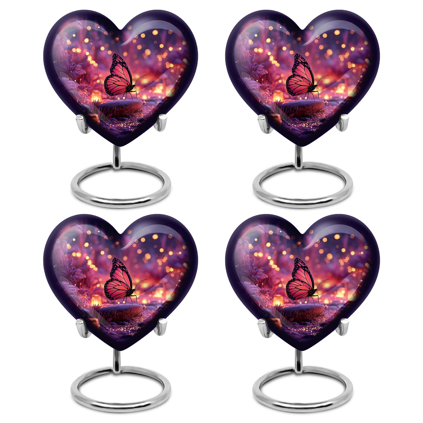 Steel Blue Butterfly Cremation Urn angled view of lid and engraved motif - compassionate heart-butterfly combination with gentle curves - 10 inch aluminum urn for cremated remains