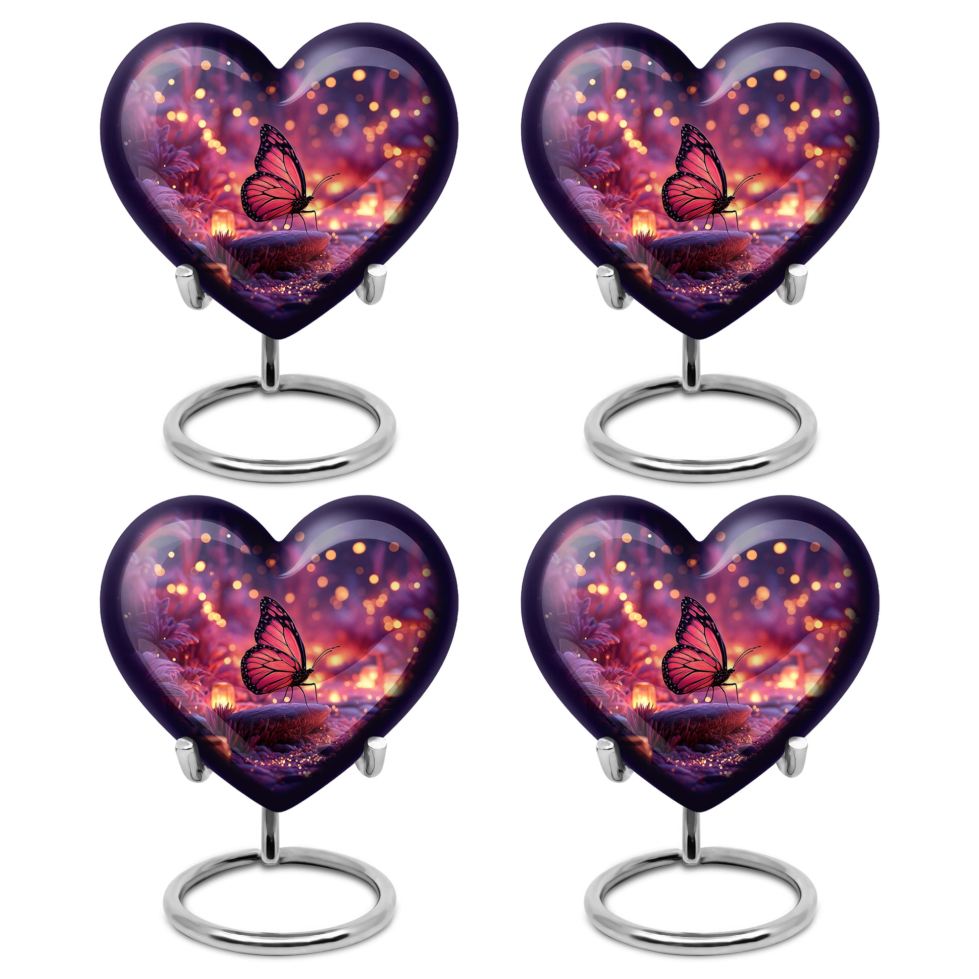 Steel Blue Butterfly Cremation Urn angled view of lid and engraved motif - compassionate heart-butterfly combination with gentle curves - 10 inch aluminum urn for cremated remains