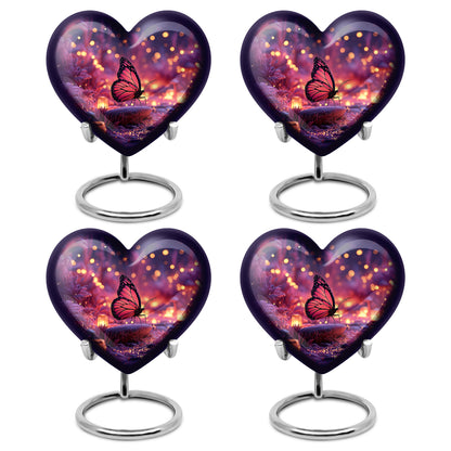 Steel Blue Butterfly Cremation Urn angled view of lid and engraved motif - compassionate heart-butterfly combination with gentle curves - 10 inch aluminum urn for cremated remains