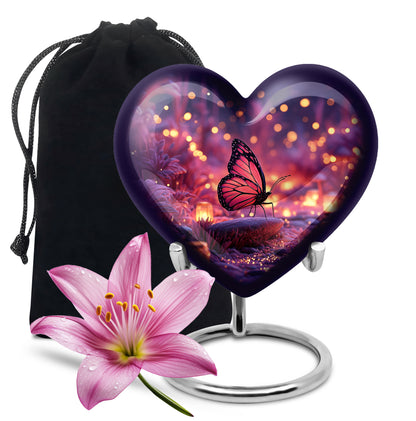 Dusty Blue Butterfly Cremation Urn detail view - loving heart memorial featuring butterfly pattern - full-size 10 inch 200 cubic inch adult cremation urn