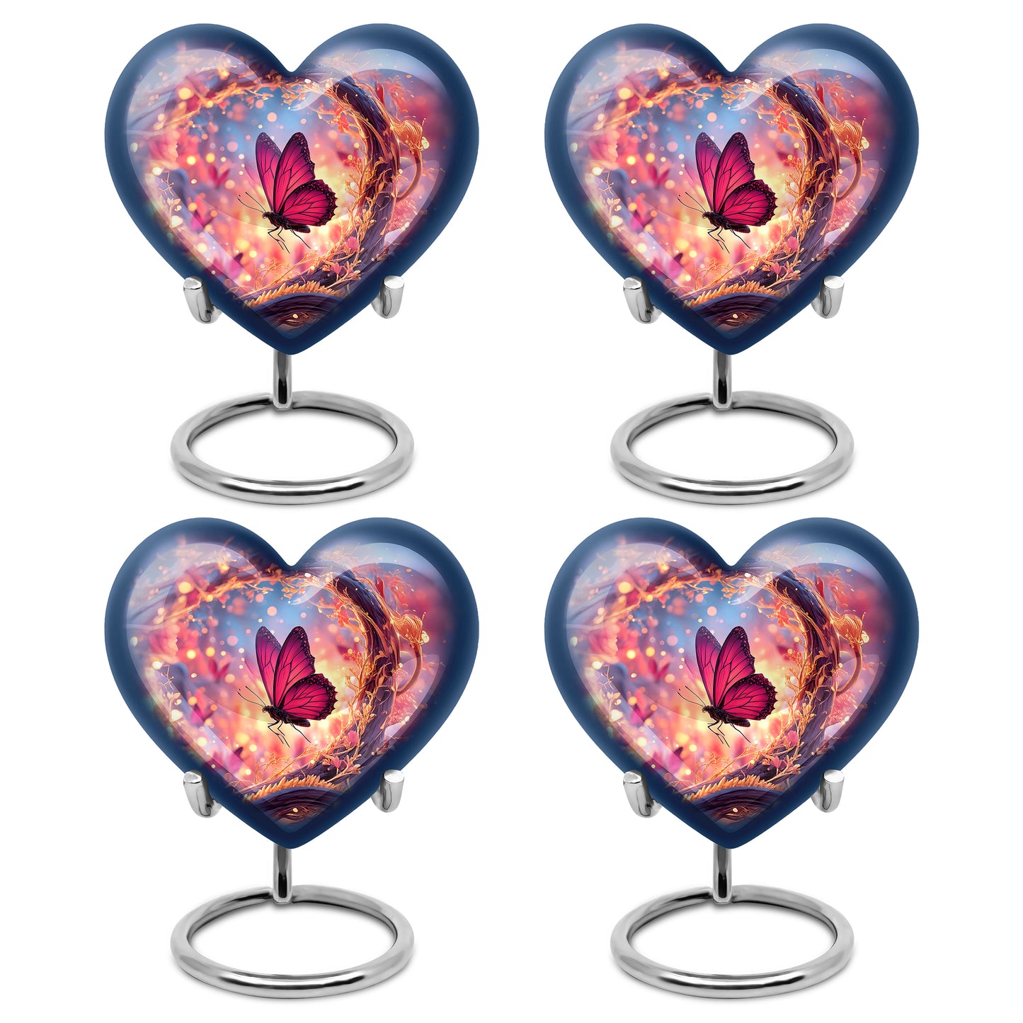 Celestial Blue Butterfly Cremation Urn angled view of lid and engraved motif - heart-shaped butterfly design symbolizing eternal love - 10 inch aluminum urn for cremated remains