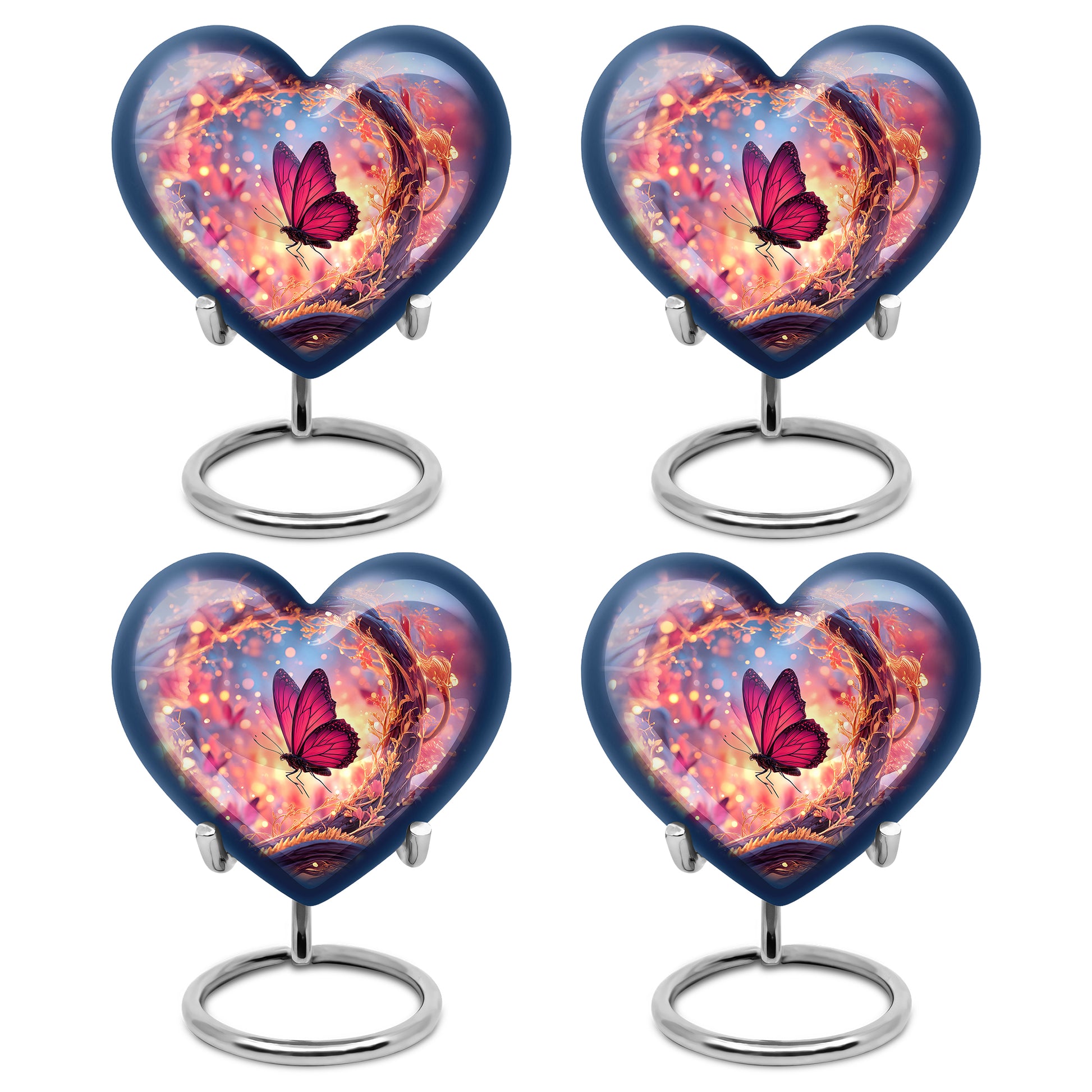 Celestial Blue Butterfly Cremation Urn angled view of lid and engraved motif - heart-shaped butterfly design symbolizing eternal love - 10 inch aluminum urn for cremated remains