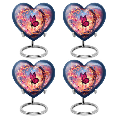 Celestial Blue Butterfly Cremation Urn angled view of lid and engraved motif - heart-shaped butterfly design symbolizing eternal love - 10 inch aluminum urn for cremated remains