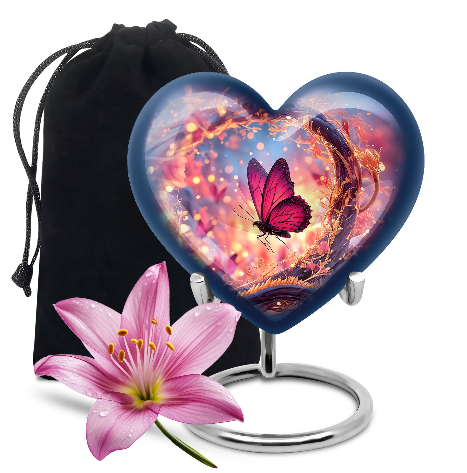 Indigo Butterfly Cremation Urn detail view - heart-shaped butterfly design symbolizing eternal love - full-size 10 inch 200 cubic inch adult cremation urn