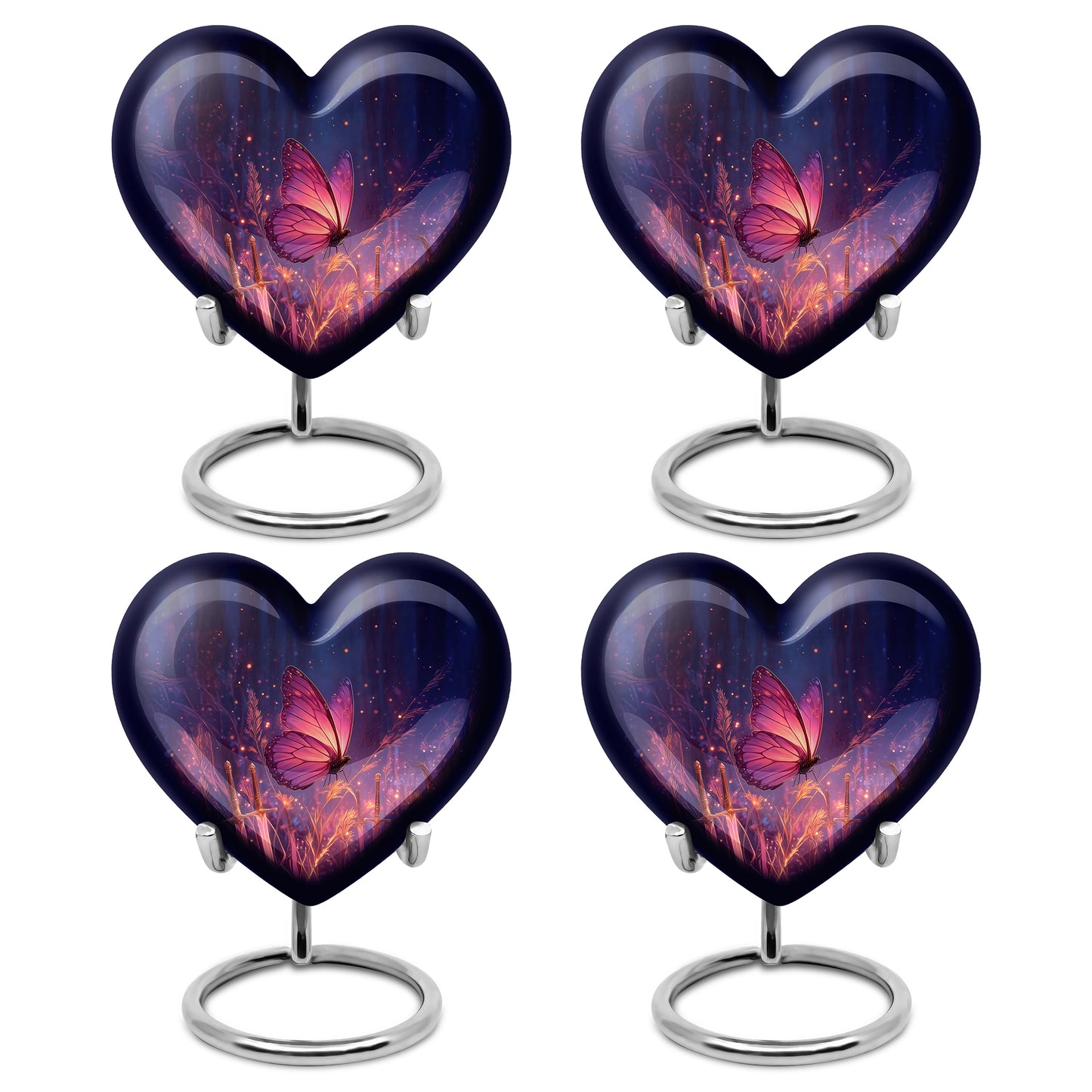 Indigo Butterfly Cremation Urn angled view of lid and engraved motif - loving heart memorial featuring butterfly pattern - 10 inch aluminum urn for cremated remains