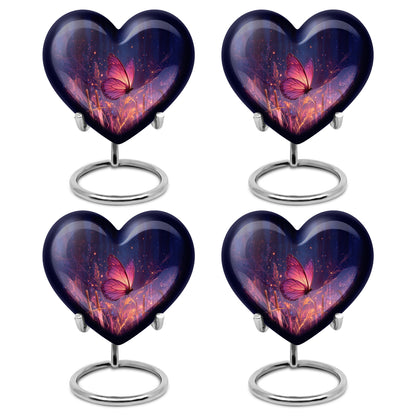 Indigo Butterfly Cremation Urn angled view of lid and engraved motif - loving heart memorial featuring butterfly pattern - 10 inch aluminum urn for cremated remains