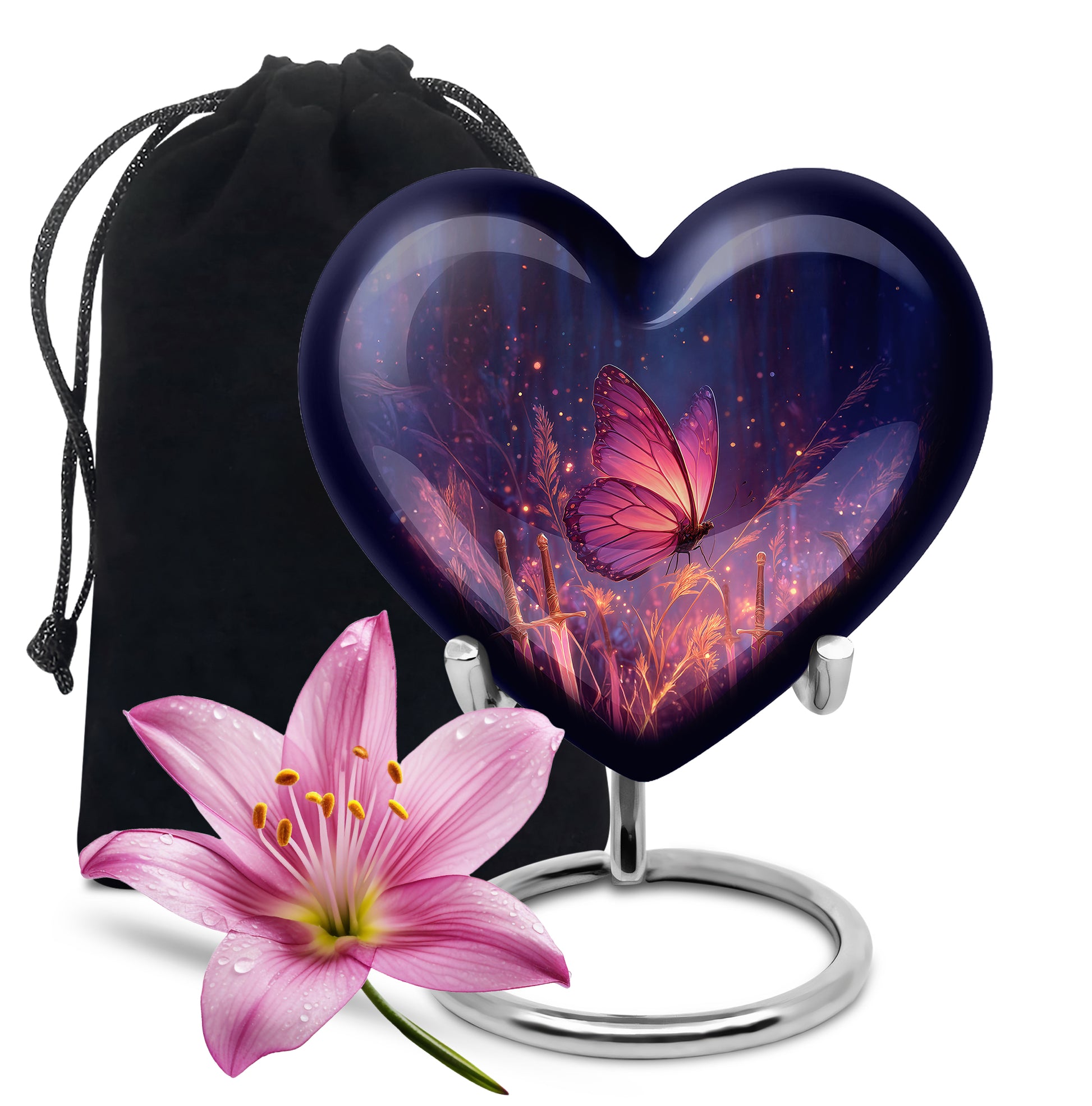 Cornflower Blue Butterfly Cremation Urn detail view - romantic heart urn with butterfly motif on aluminum - full-size 10 inch 200 cubic inch adult cremation urn