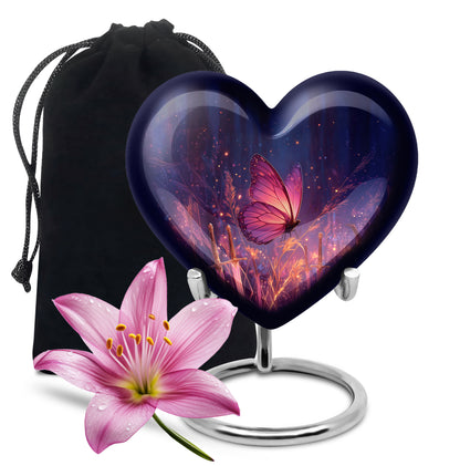 Cornflower Blue Butterfly Cremation Urn detail view - romantic heart urn with butterfly motif on aluminum - full-size 10 inch 200 cubic inch adult cremation urn