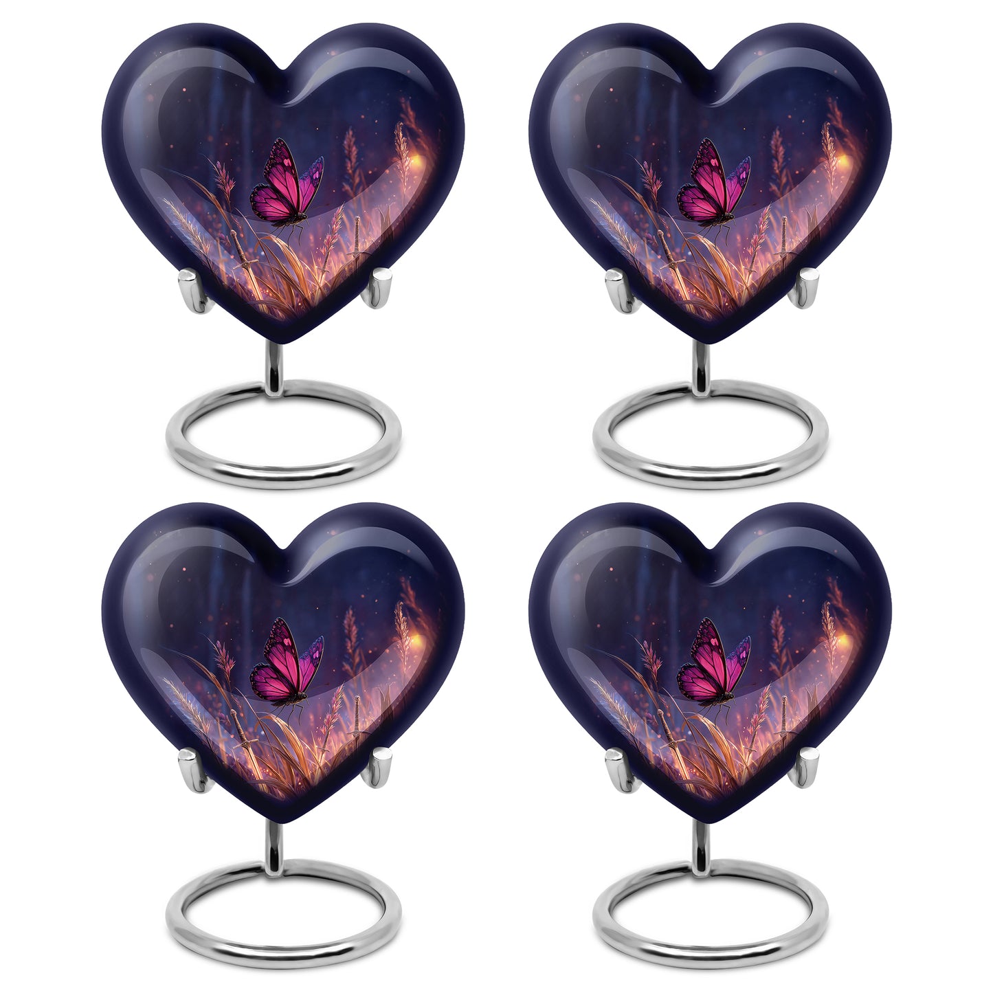 Pastel Blue Butterfly Cremation Urn angled view of lid and engraved motif - heart-shaped butterfly design symbolizing eternal love - 10 inch aluminum urn for cremated remains