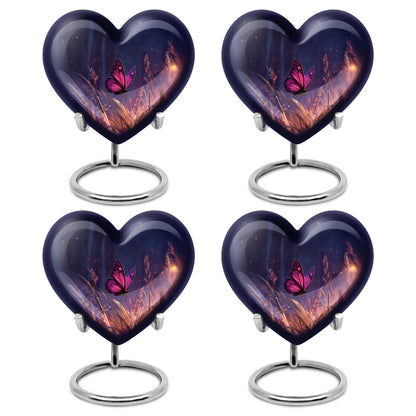 Pastel Blue Butterfly Cremation Urn angled view of lid and engraved motif - heart-shaped butterfly design symbolizing eternal love - 10 inch aluminum urn for cremated remains