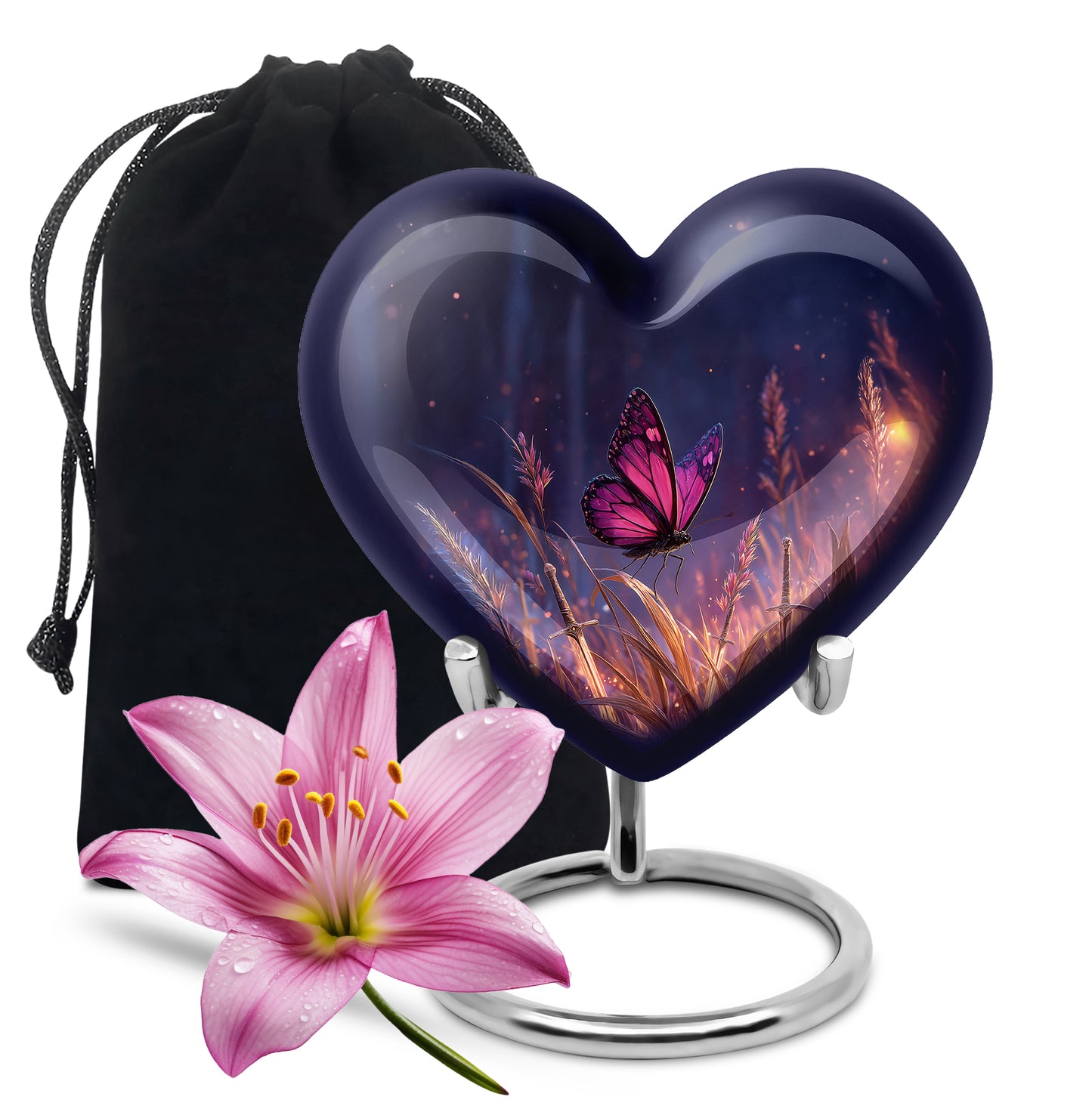 Serene Blue Butterfly Cremation Urn detail view - compassionate heart-butterfly combination with gentle curves - full-size 10 inch 200 cubic inch adult cremation urn