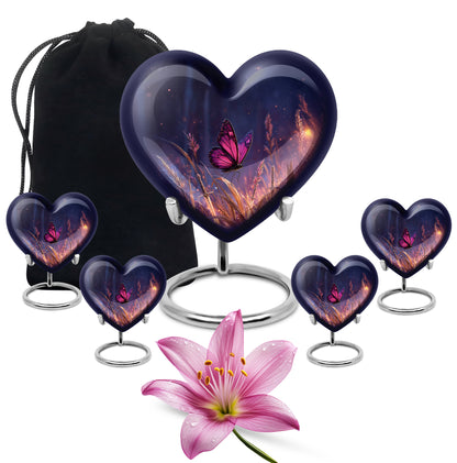 Vivid Blue Butterfly Cremation Urn close-up of engraving and surface detail - romantic heart urn with butterfly motif on aluminum - memorial set with one large and four small urns