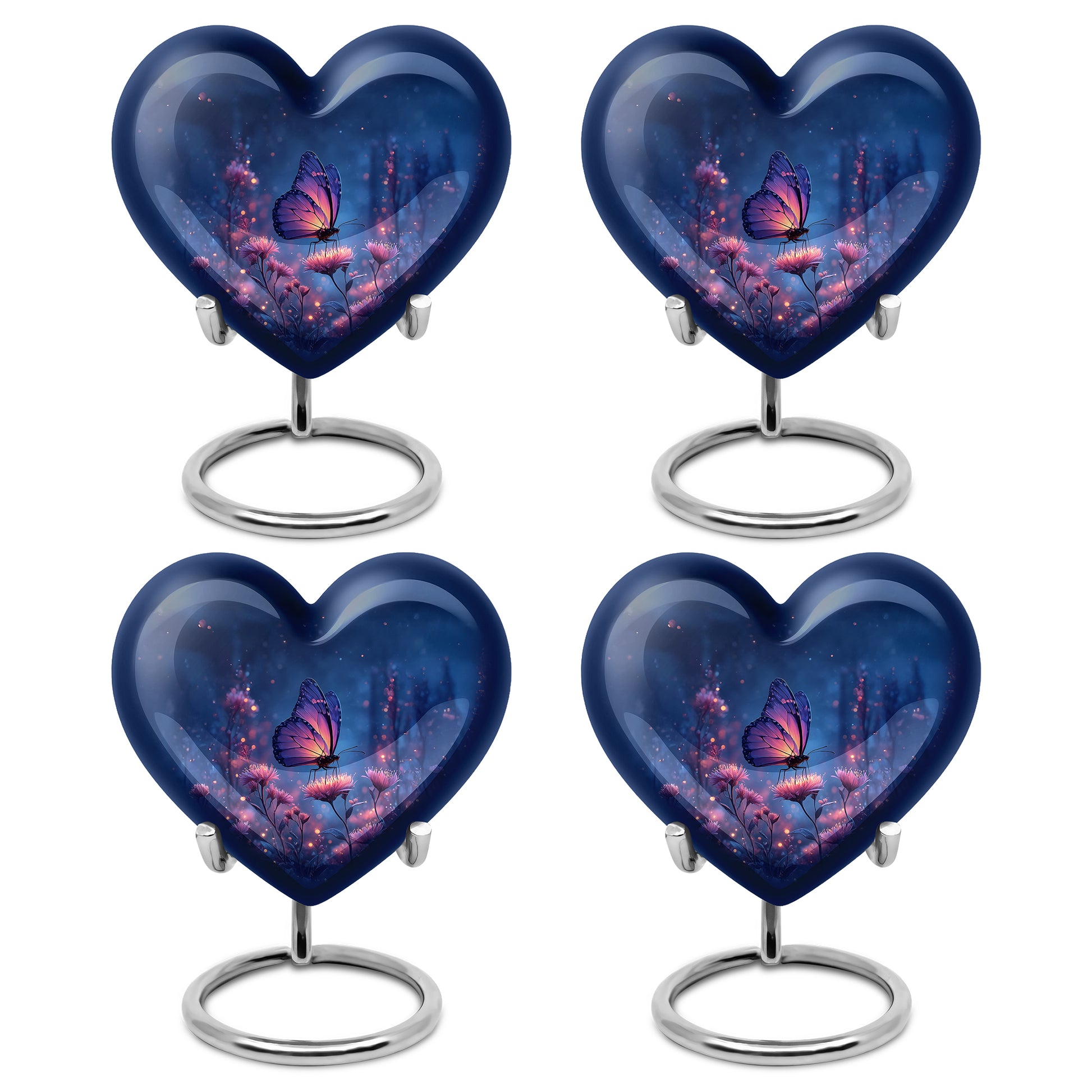 Sky Blue Butterfly Cremation Urn angled view of lid and engraved motif - heart-shaped butterfly design symbolizing eternal love - 10 inch aluminum urn for cremated remains