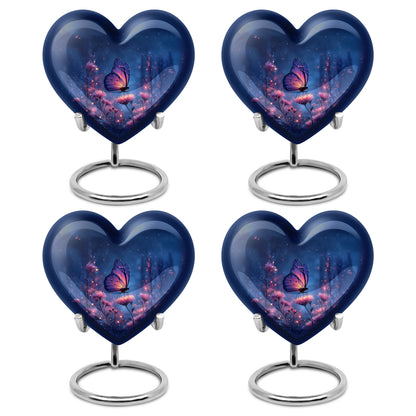 Sky Blue Butterfly Cremation Urn angled view of lid and engraved motif - heart-shaped butterfly design symbolizing eternal love - 10 inch aluminum urn for cremated remains