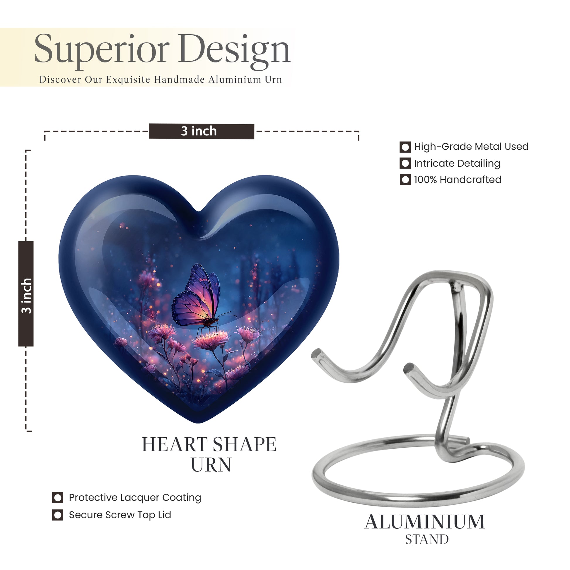 Celestial Blue Butterfly Cremation Urn front view showing detailed design - heart-shaped butterfly design symbolizing eternal love - mini keepsake memorial for portion of cremation ashes