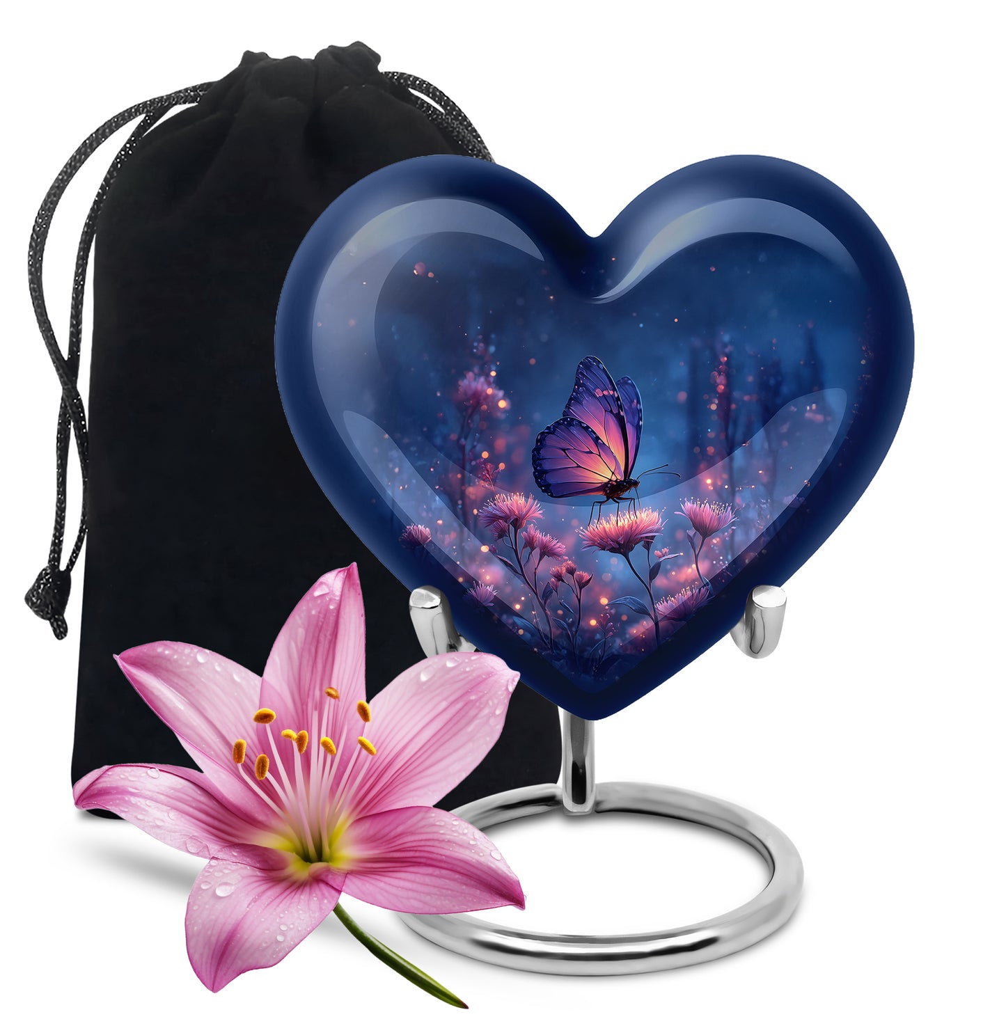 Steel Blue Butterfly Cremation Urn detail view - romantic heart urn with butterfly motif on aluminum - full-size 10 inch 200 cubic inch adult cremation urn