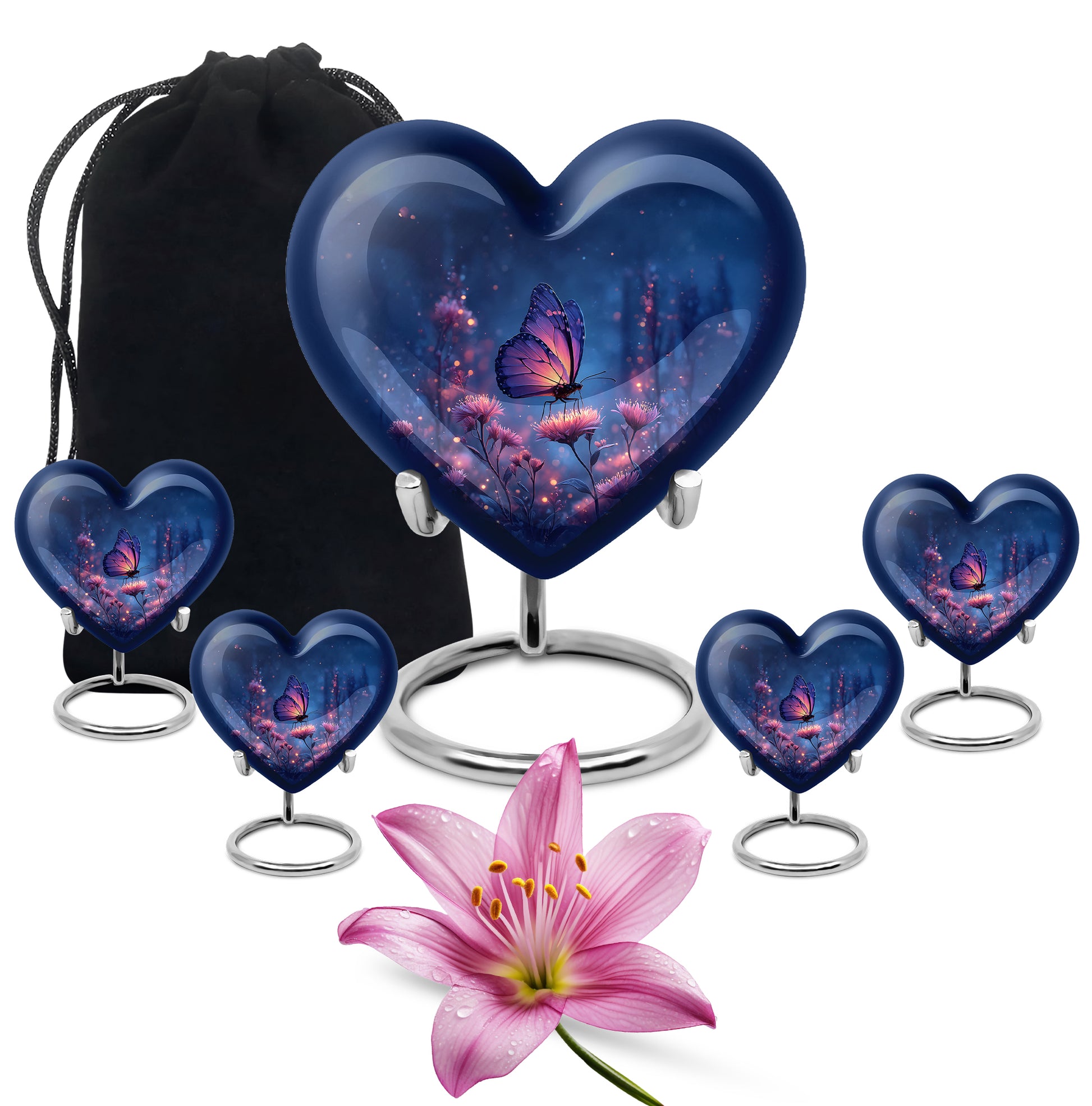 Soft Blue Butterfly Cremation Urn close-up of engraving and surface detail - romantic heart urn with butterfly motif on aluminum - memorial set with one large and four small urns