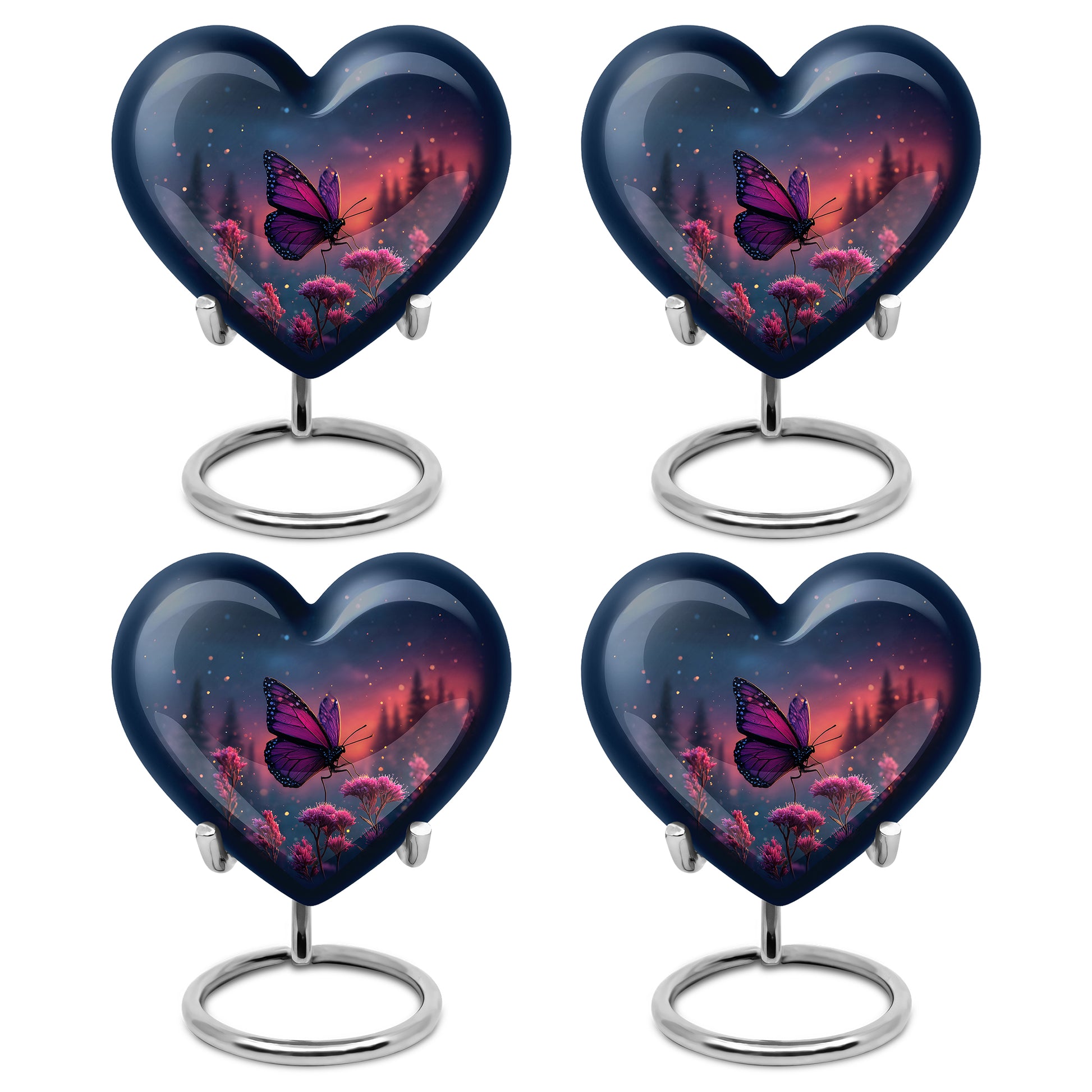 Steel Blue Butterfly Cremation Urn angled view of lid and engraved motif - romantic heart urn with butterfly motif on aluminum - 10 inch aluminum urn for cremated remains
