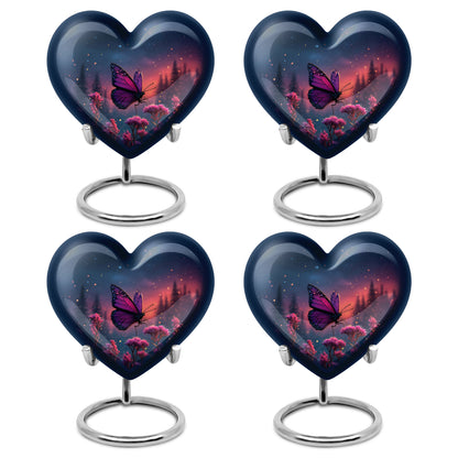 Steel Blue Butterfly Cremation Urn angled view of lid and engraved motif - romantic heart urn with butterfly motif on aluminum - 10 inch aluminum urn for cremated remains