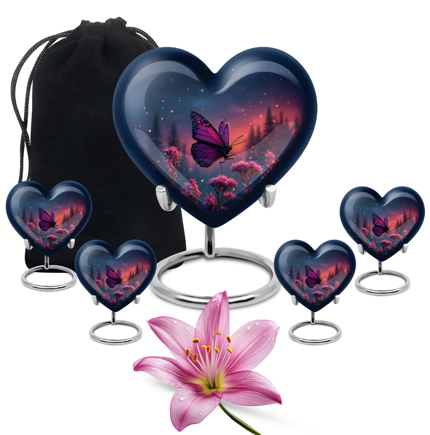 Serene Blue Butterfly Cremation Urn close-up of engraving and surface detail - romantic heart urn with butterfly motif on aluminum - memorial set with one large and four small urns